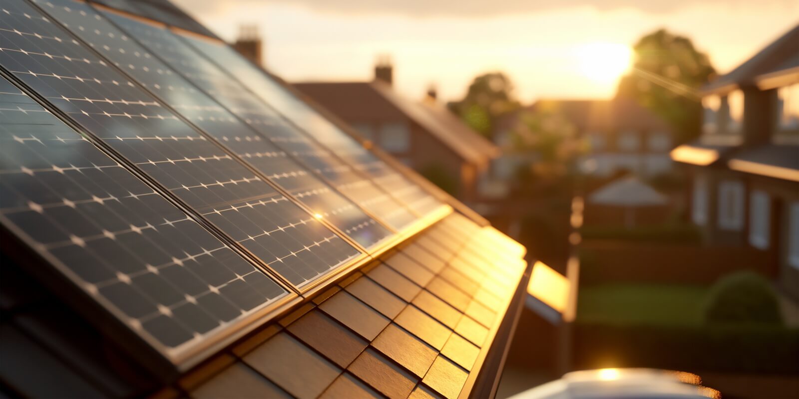 Solar Panels On The Roof Of A Residential Urban Area At Sunset